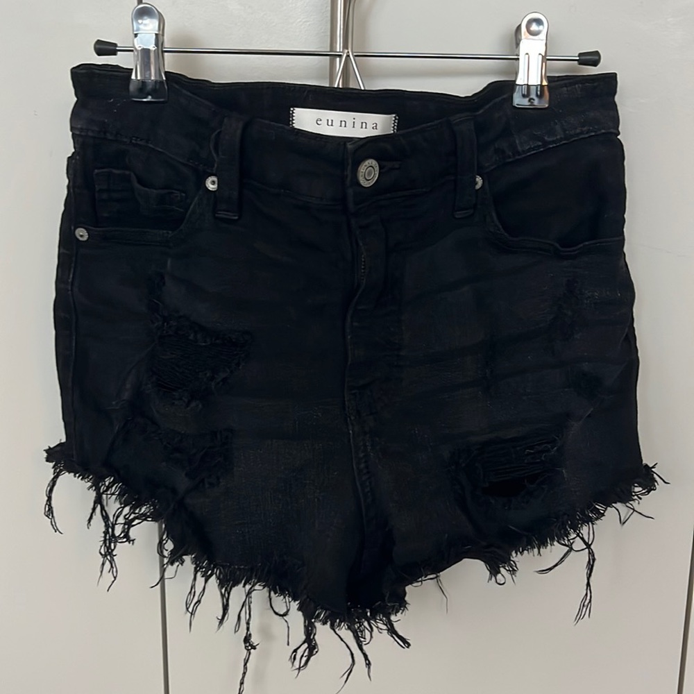 High Rise Destroyed Black Jean Shorts